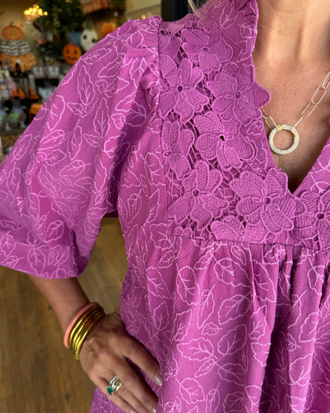 Lilette™ | Puff Sleeve Leaf Jacquard Mini Dress Dress