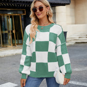 Women's Checkerboard Knit Sweater Green Sweaters