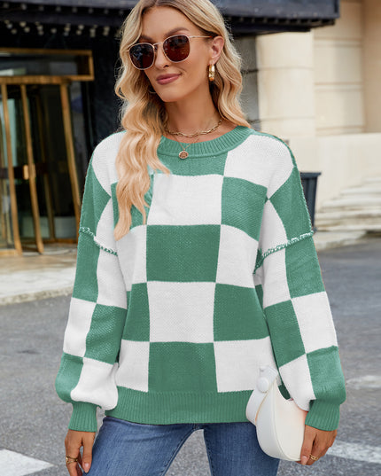 Women's Checkerboard Knit Sweater Green Sweaters
