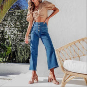 High Waist Down Button Pant Blue Women's Clothing