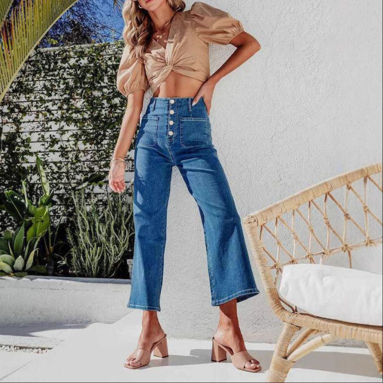 High Waist Down Button Pant Blue Women's Clothing