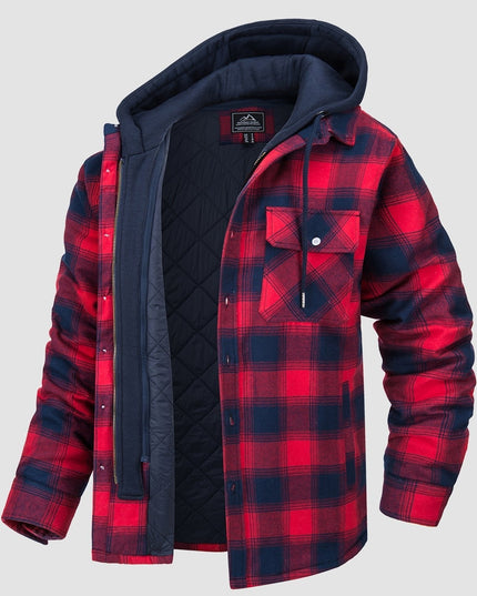 Men's Quilted Flannel Shirt Jacket with Removable Hood Jacket
