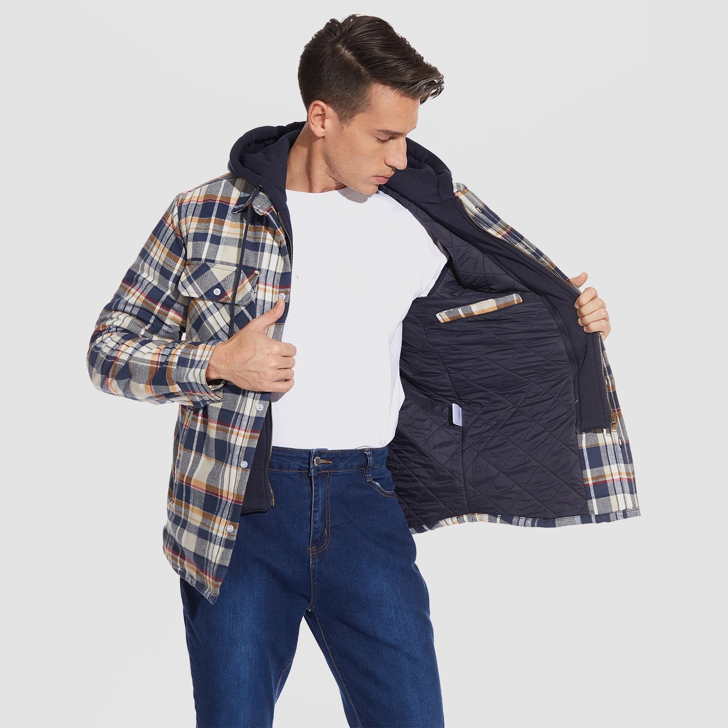 Men's Quilted Flannel Shirt Jacket with Removable Hood Jacket