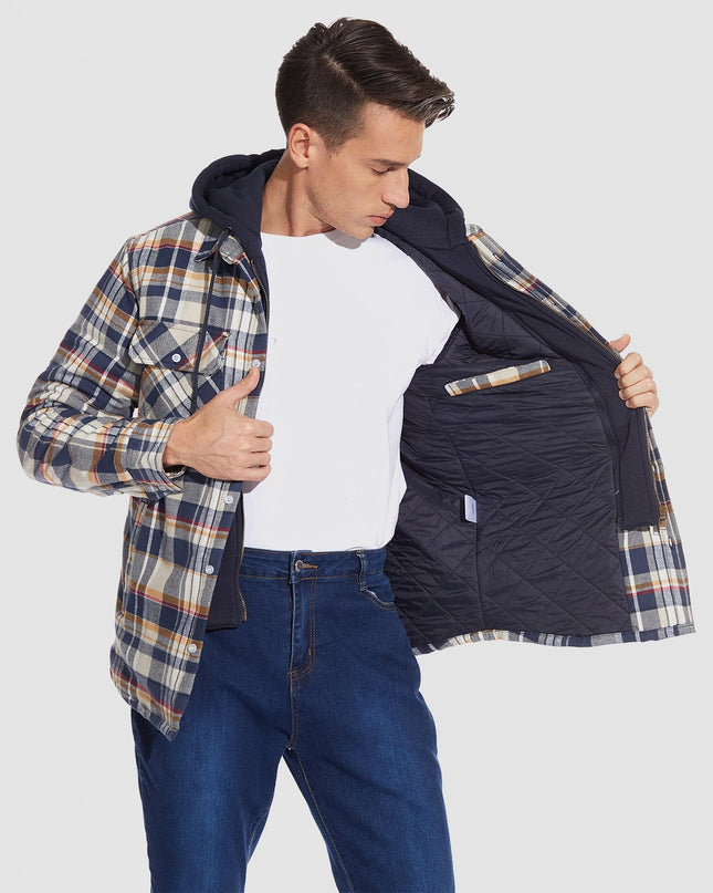 Men's Quilted Flannel Shirt Jacket with Removable Hood Jacket