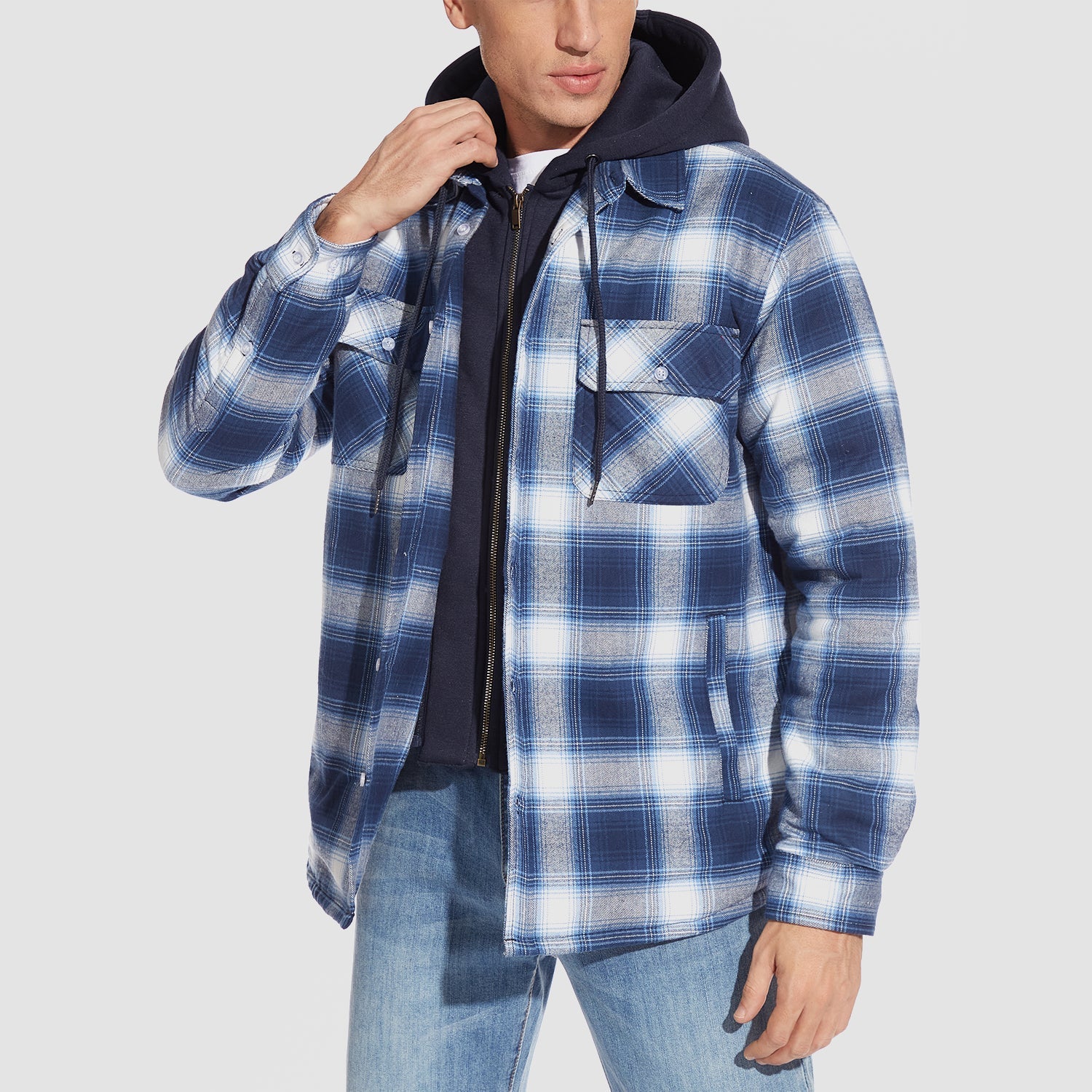 Men's Quilted Flannel Shirt Jacket with Removable Hood Jacket