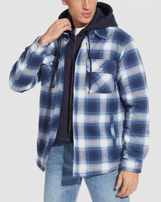 Men's Quilted Flannel Shirt Jacket with Removable Hood Jacket