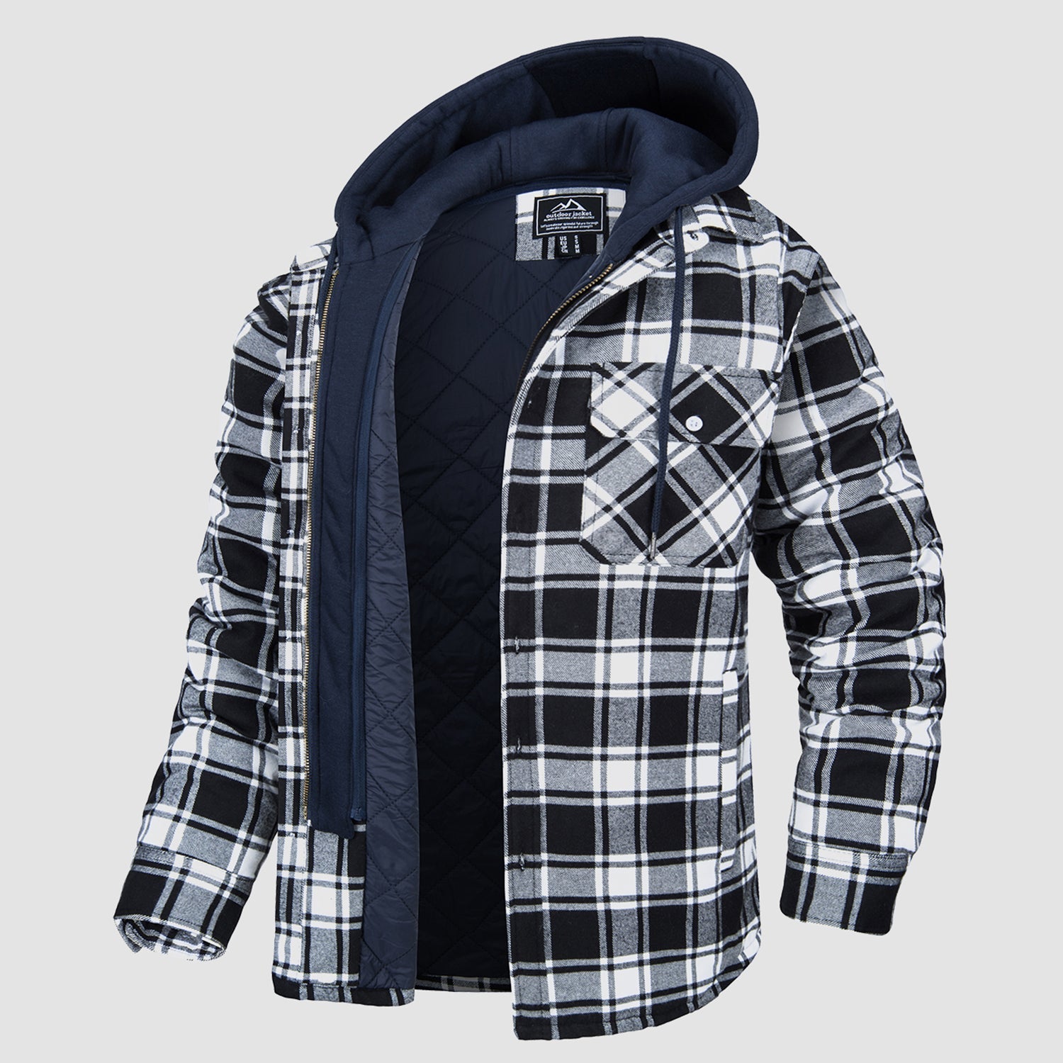Men's Quilted Flannel Shirt Jacket with Removable Hood Black Jacket