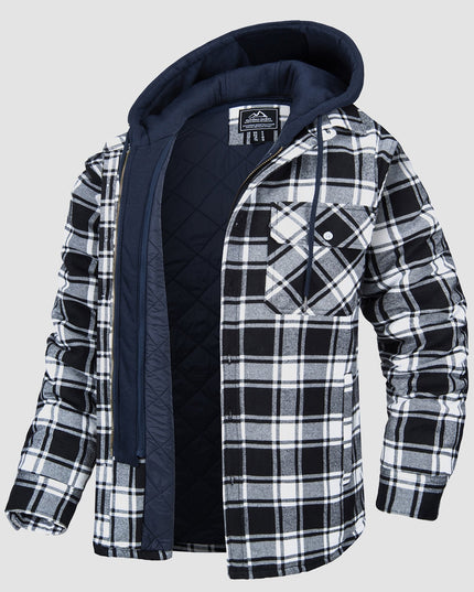 Men's Quilted Flannel Shirt Jacket with Removable Hood Black Jacket