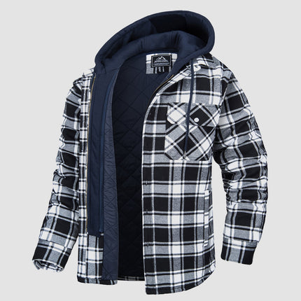 Men's Quilted Flannel Shirt Jacket with Removable Hood Black Jacket