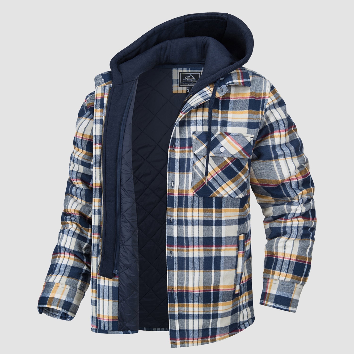Men's Quilted Flannel Shirt Jacket with Removable Hood Yellow Jacket