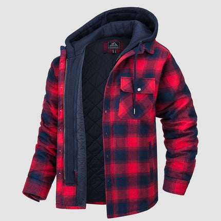 Men's Quilted Flannel Shirt Jacket with Removable Hood Red Jacket