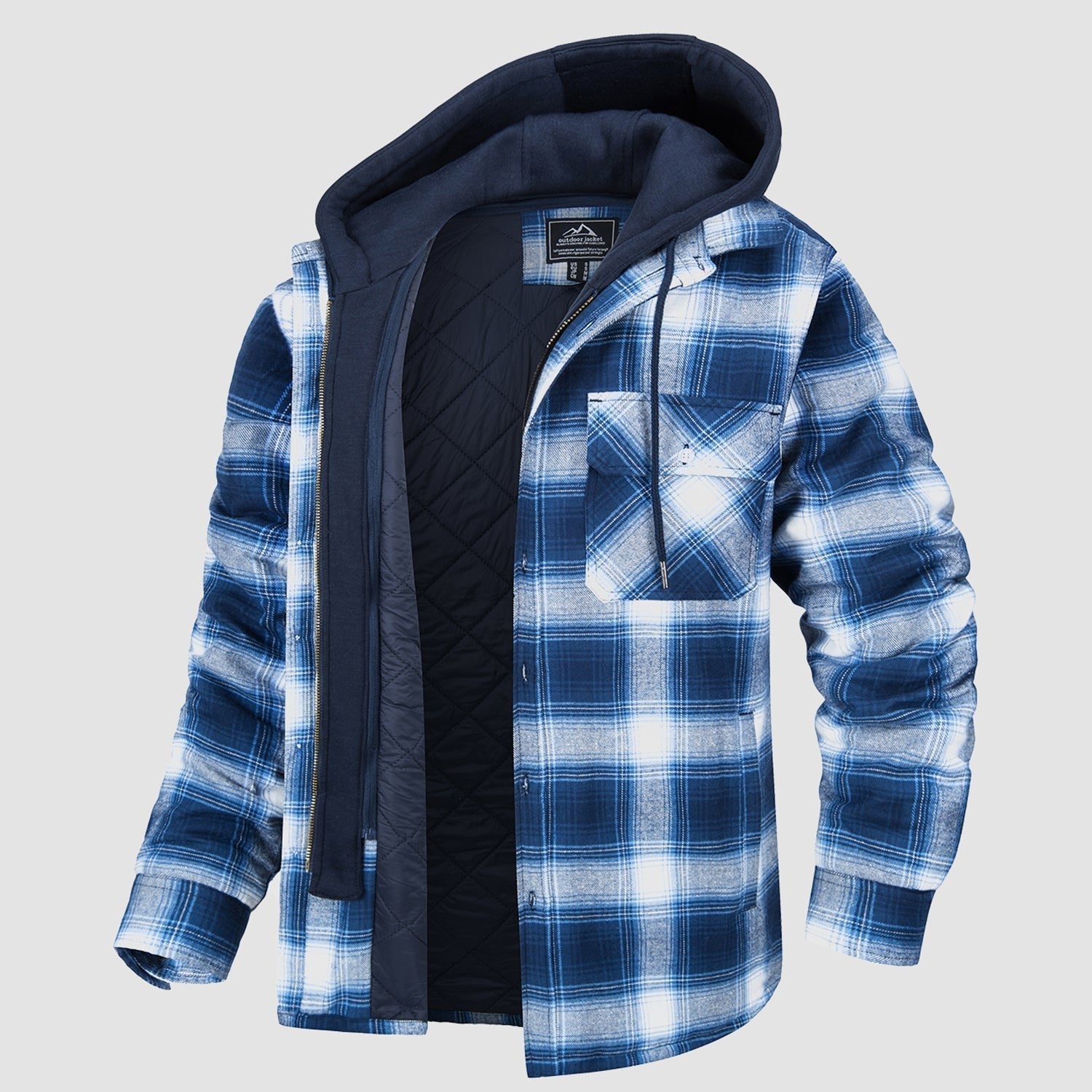 Men's Quilted Flannel Shirt Jacket with Removable Hood Blue White Jacket