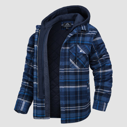 Men's Quilted Flannel Shirt Jacket with Removable Hood Blue Grey Jacket