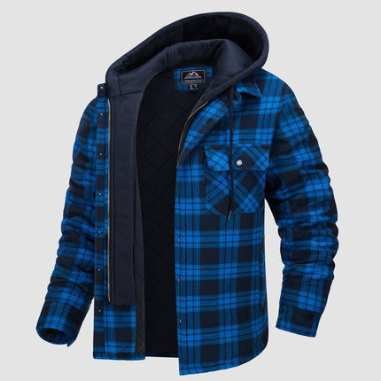 Men's Quilted Flannel Shirt Jacket with Removable Hood Bright Blue Jacket