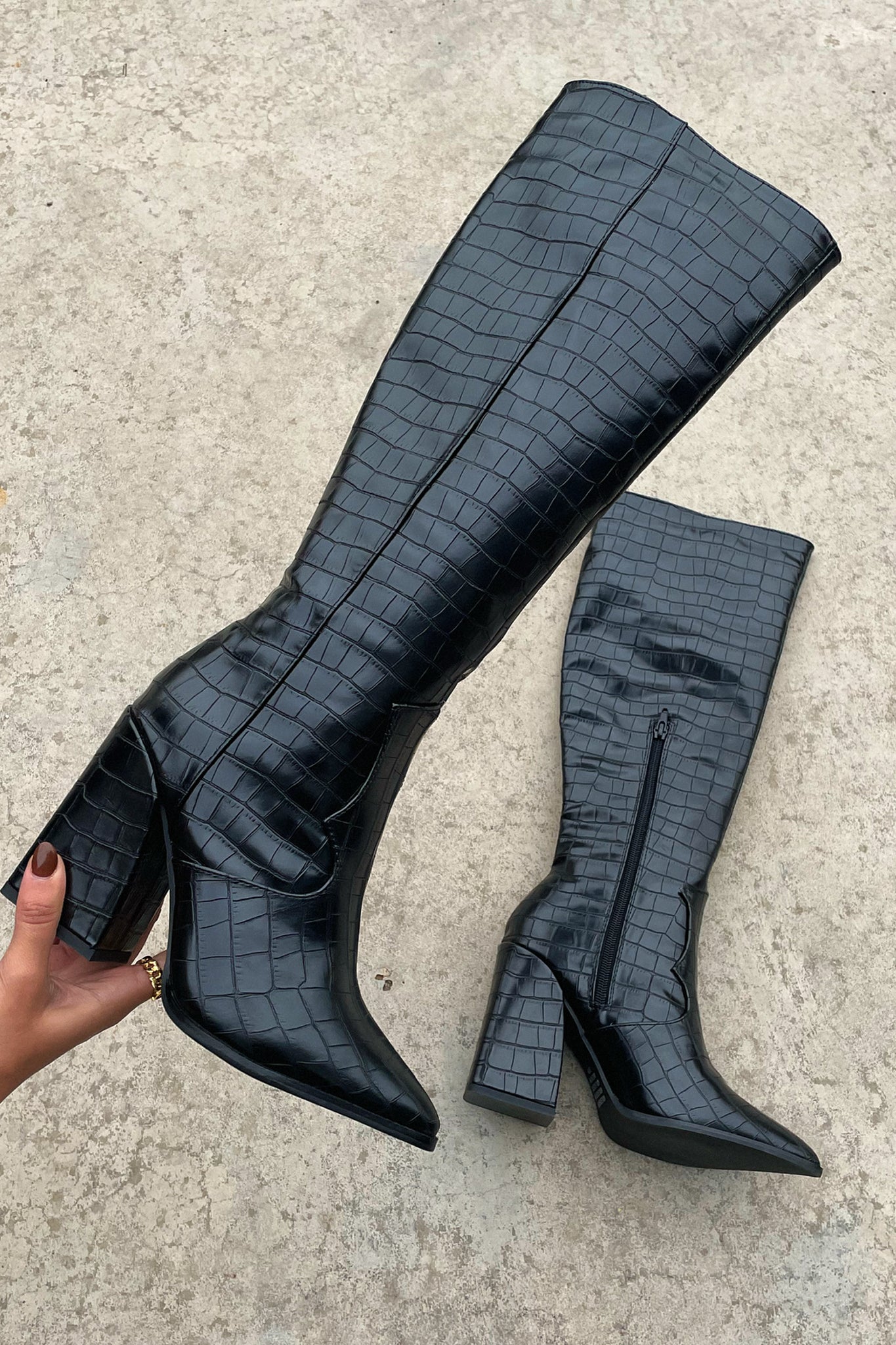 Mila™ Black Croc Knee-High Boots Boots