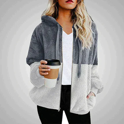 Casual Loose Plush Patchwork Hoodie Grey Hoodie