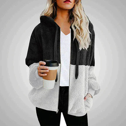 Casual Loose Plush Patchwork Hoodie Black Hoodie