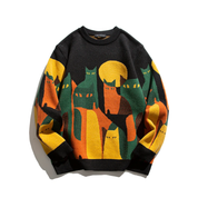 Artistic Cat Design Sweater Black Sweater