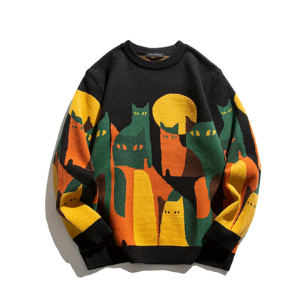 Artistic Cat Design Sweater Black Sweater