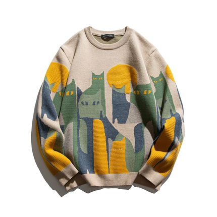 Artistic Cat Design Sweater Beige Sweater