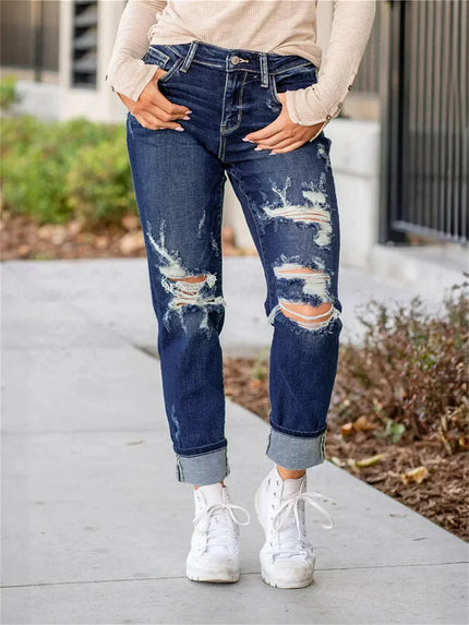 Isla | Sculpting Distressed Boyfriend Jeans Dark Wash Pants