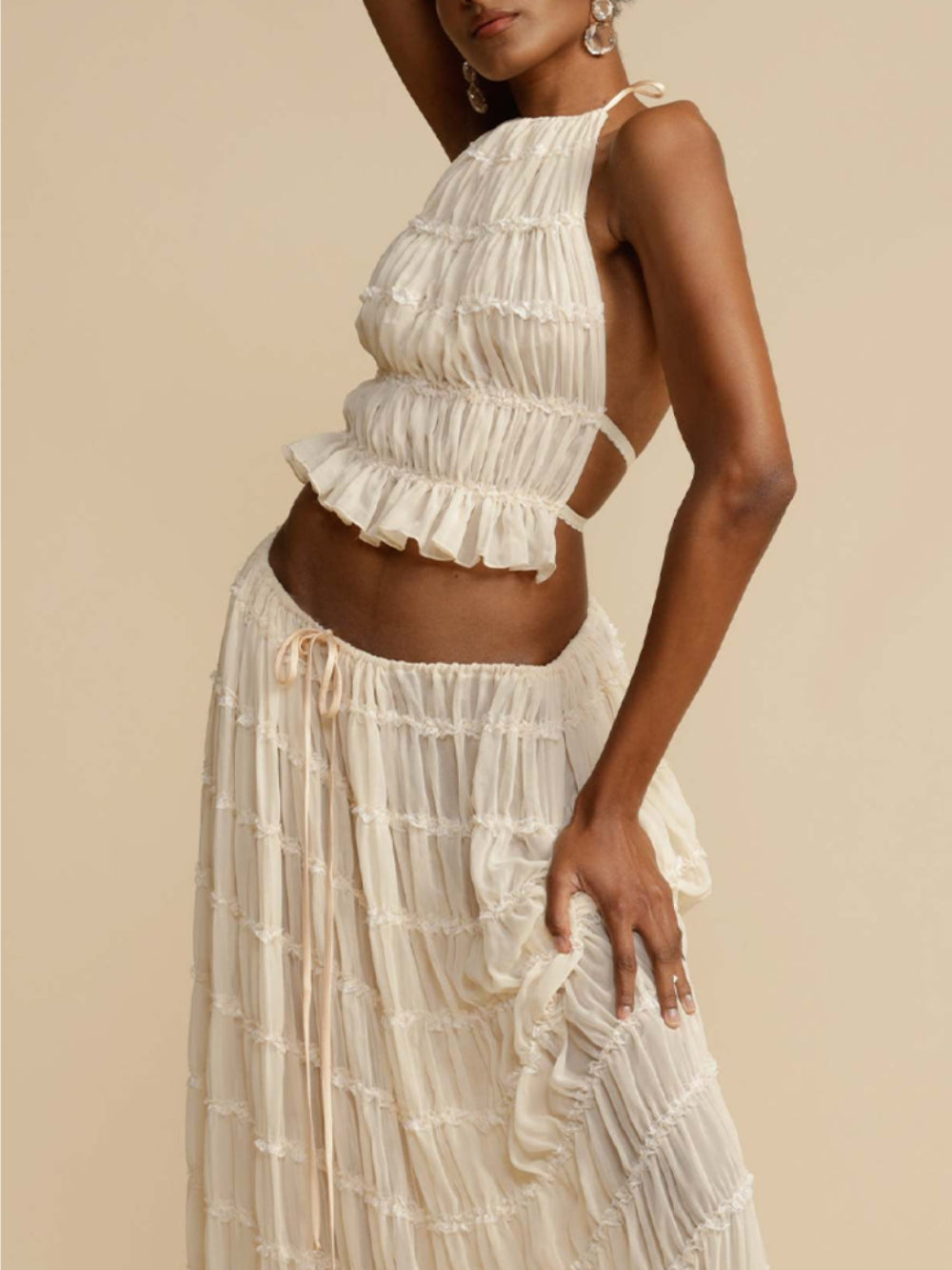 Pleated Drawstring Charm Waist Tiered Maxi Skirt Dresses