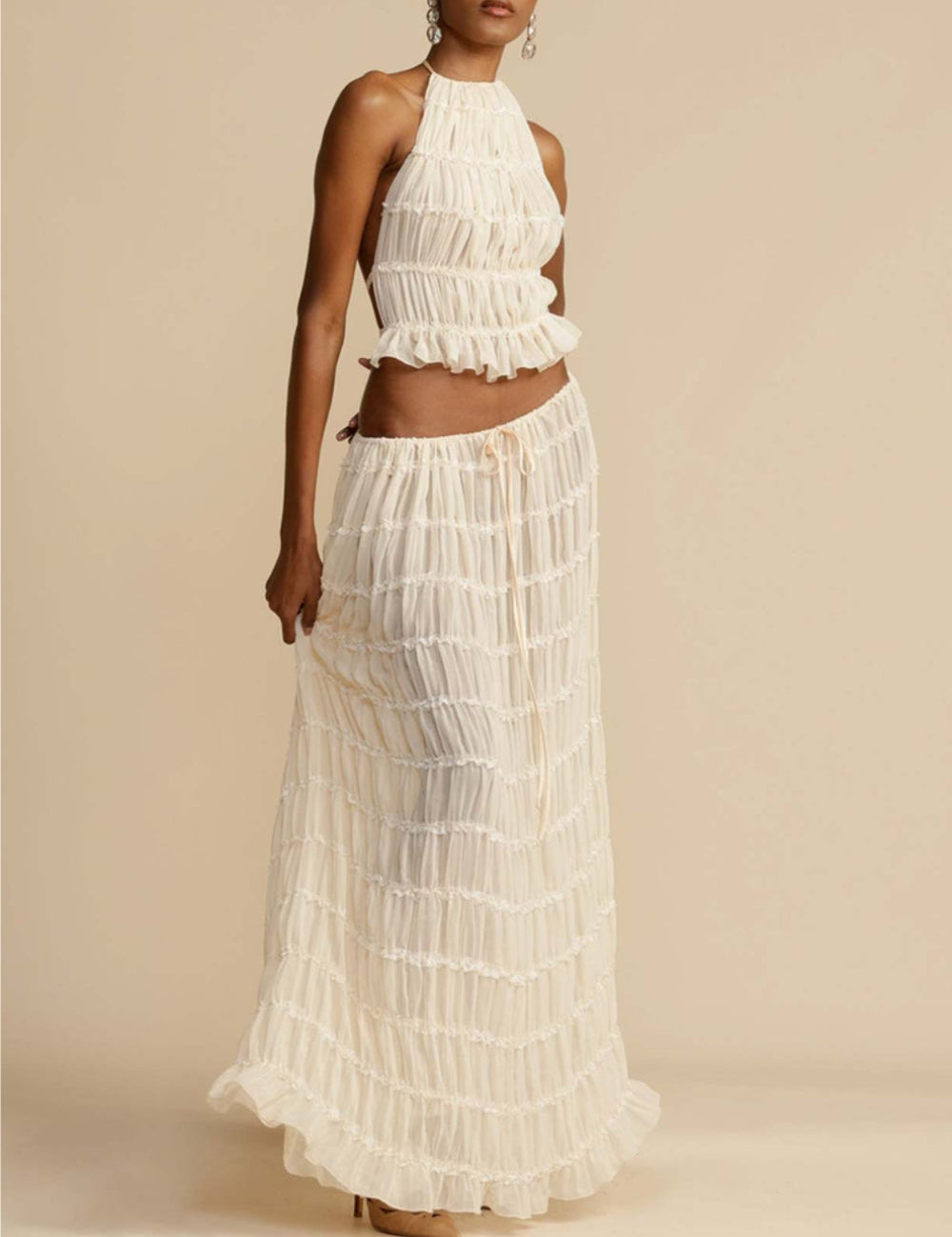 Pleated Drawstring Charm Waist Tiered Maxi Skirt White-Maxi Skirt Dresses