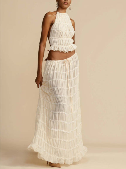 Pleated Drawstring Charm Waist Tiered Maxi Skirt White-Maxi Skirt Dresses