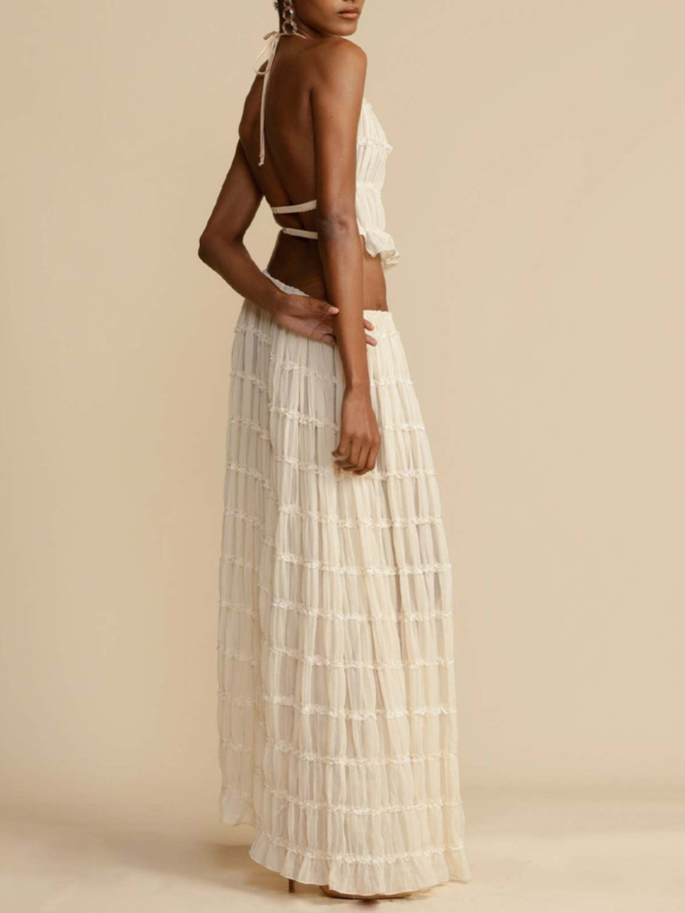 Pleated Drawstring Charm Waist Tiered Maxi Skirt Dresses