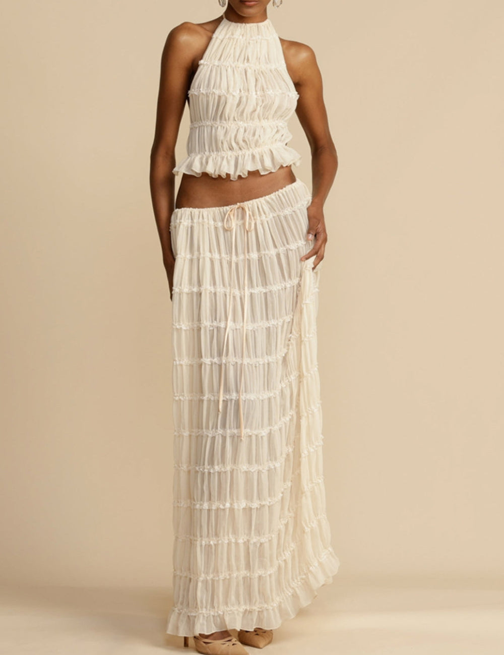 Pleated Drawstring Charm Waist Tiered Maxi Skirt Dresses