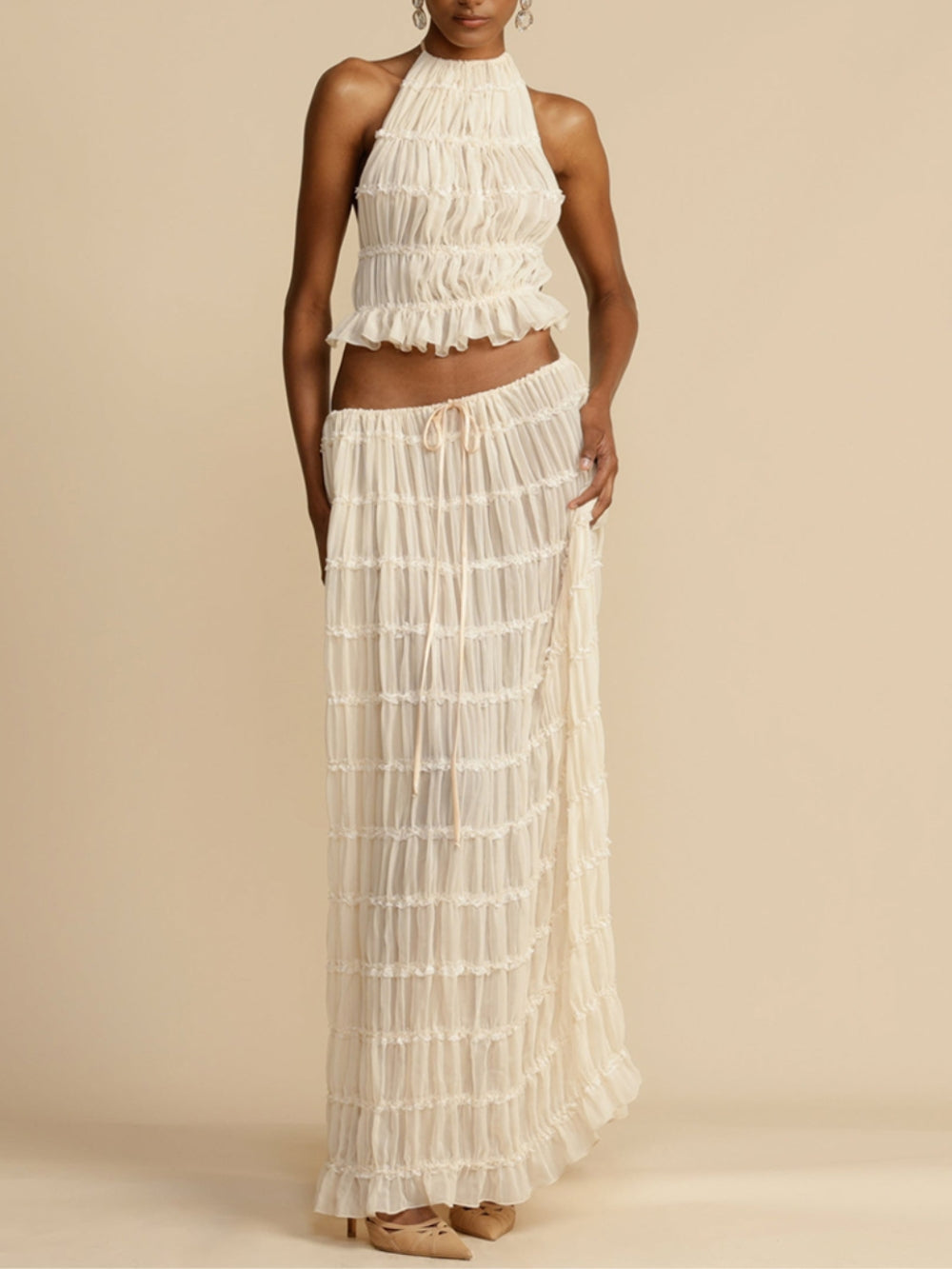 Pleated Drawstring Charm Waist Tiered Maxi Skirt Dresses