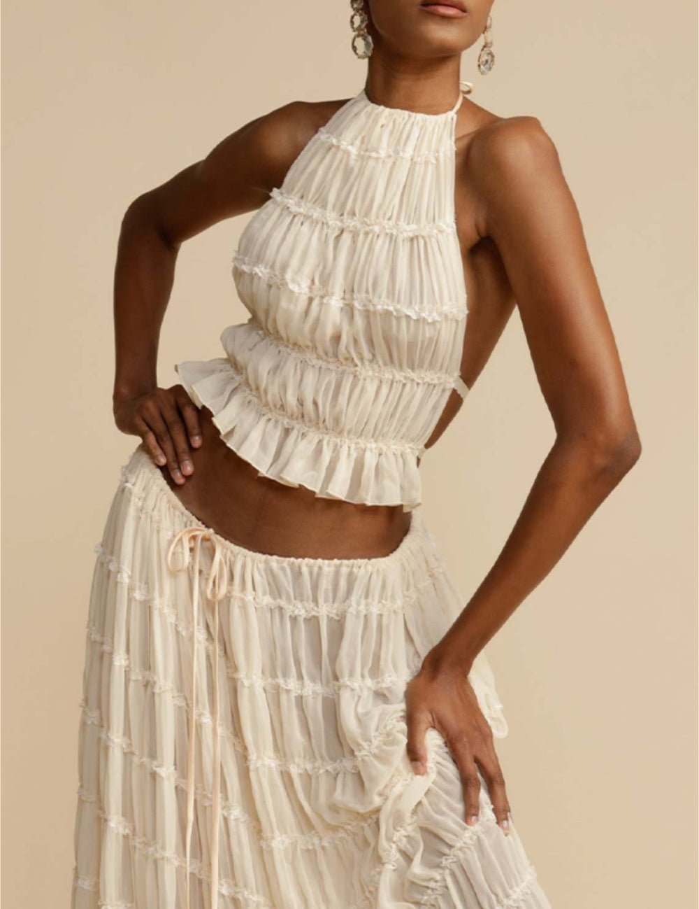 Pleated Drawstring Charm Waist Tiered Maxi Skirt White-Tank Top Dresses
