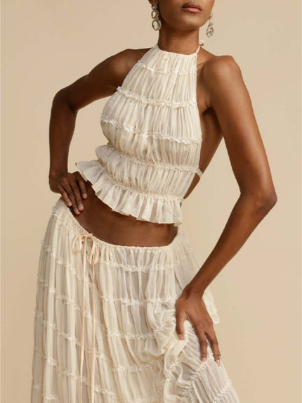 Pleated Drawstring Charm Waist Tiered Maxi Skirt White-Tank Top Dresses