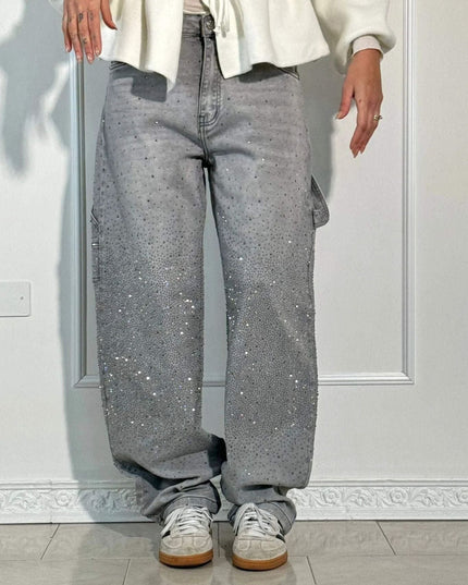 Celeste | Rhinestone Wide-Leg Jeans Grey Pants