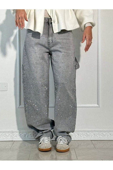 Celeste | Rhinestone Wide-Leg Jeans Grey Pants