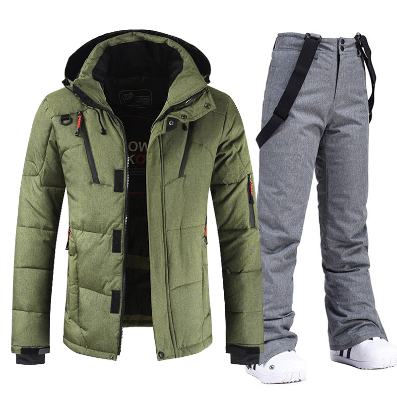 Men's Windproof and Waterproof Ski Suit with Hood and Bib Pants Army green and gray Jacket
