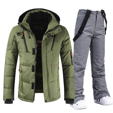 Men's Windproof and Waterproof Ski Suit with Hood and Bib Pants Army green and gray Jacket