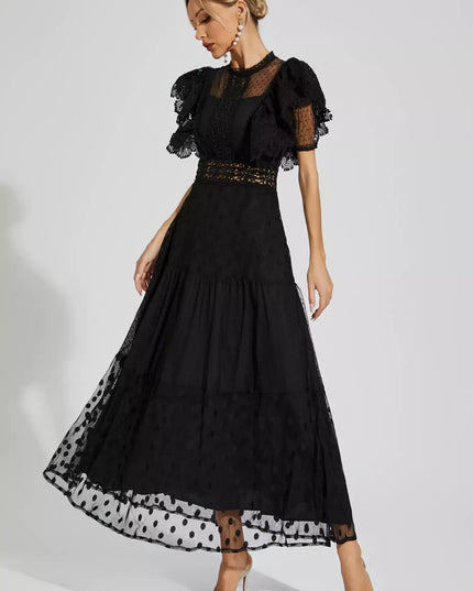 Tessa™ | Black Polka Dot Maxi Dress L Dresses