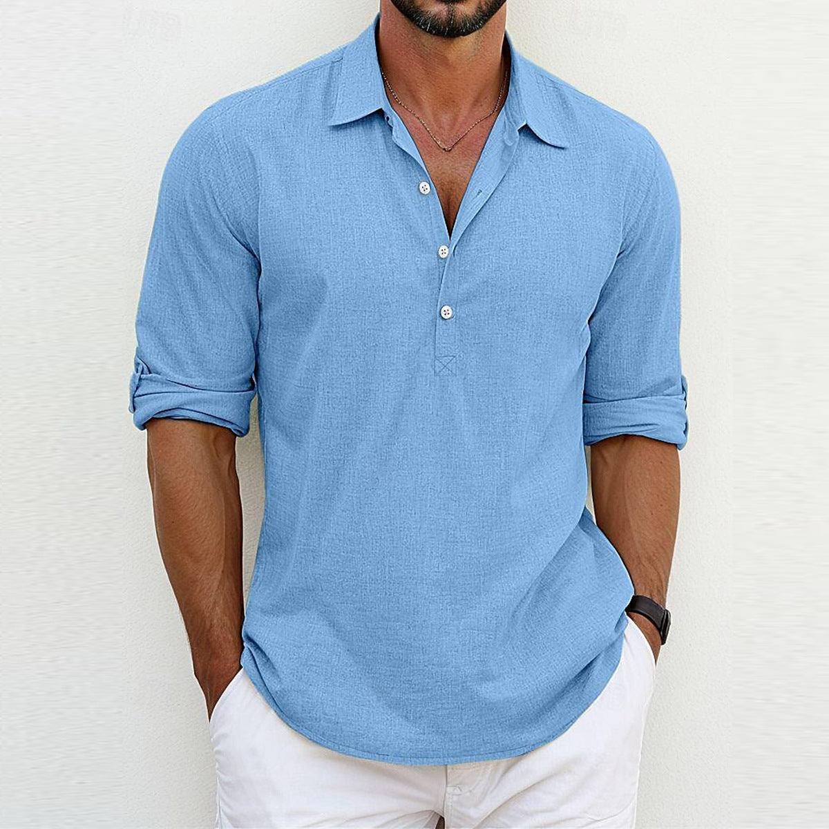 Classic Linen Polo Shirt Light Blue Shirts