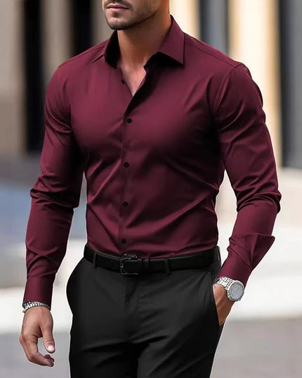Men's Summer Solid Color Long Sleeve Lapel Shirt Shirt