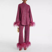Ruby | Feather Collar Two-Piece Set Burgundy Dresses