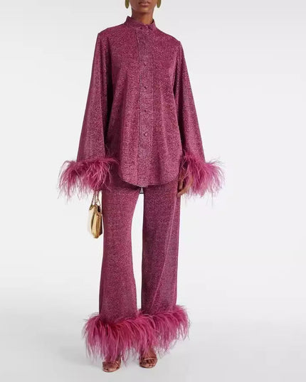 Ruby | Feather Collar Two-Piece Set Burgundy