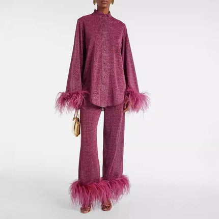 Ruby | Feather Collar Two-Piece Set Burgundy Dresses