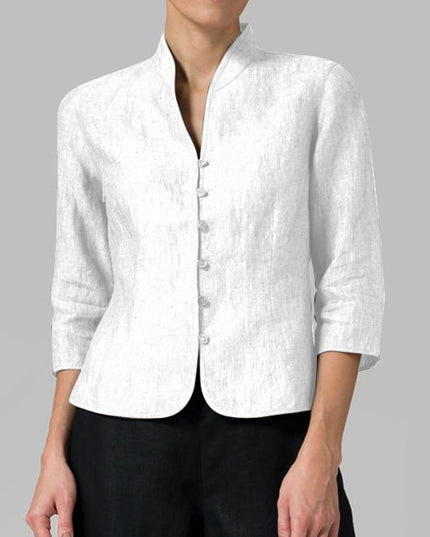Women’s Slim Fit Button Jacket – Sleeve V-Neck Stand Collar Solid Color Outwear Top White Women Tops