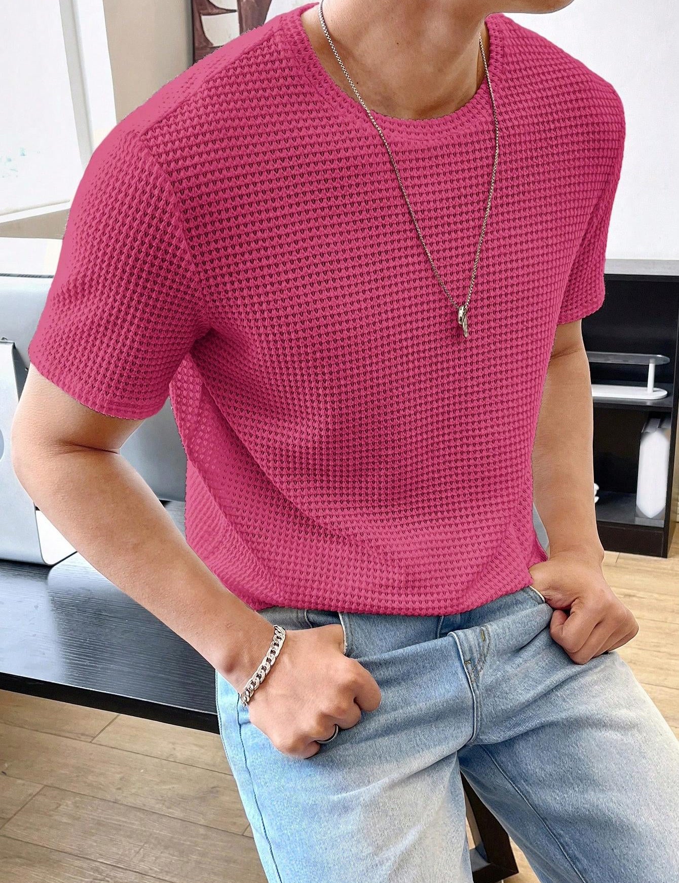 Men's Casual Loose Solid Color Short Sleeve T-Shirt Rose Red T-Shirts