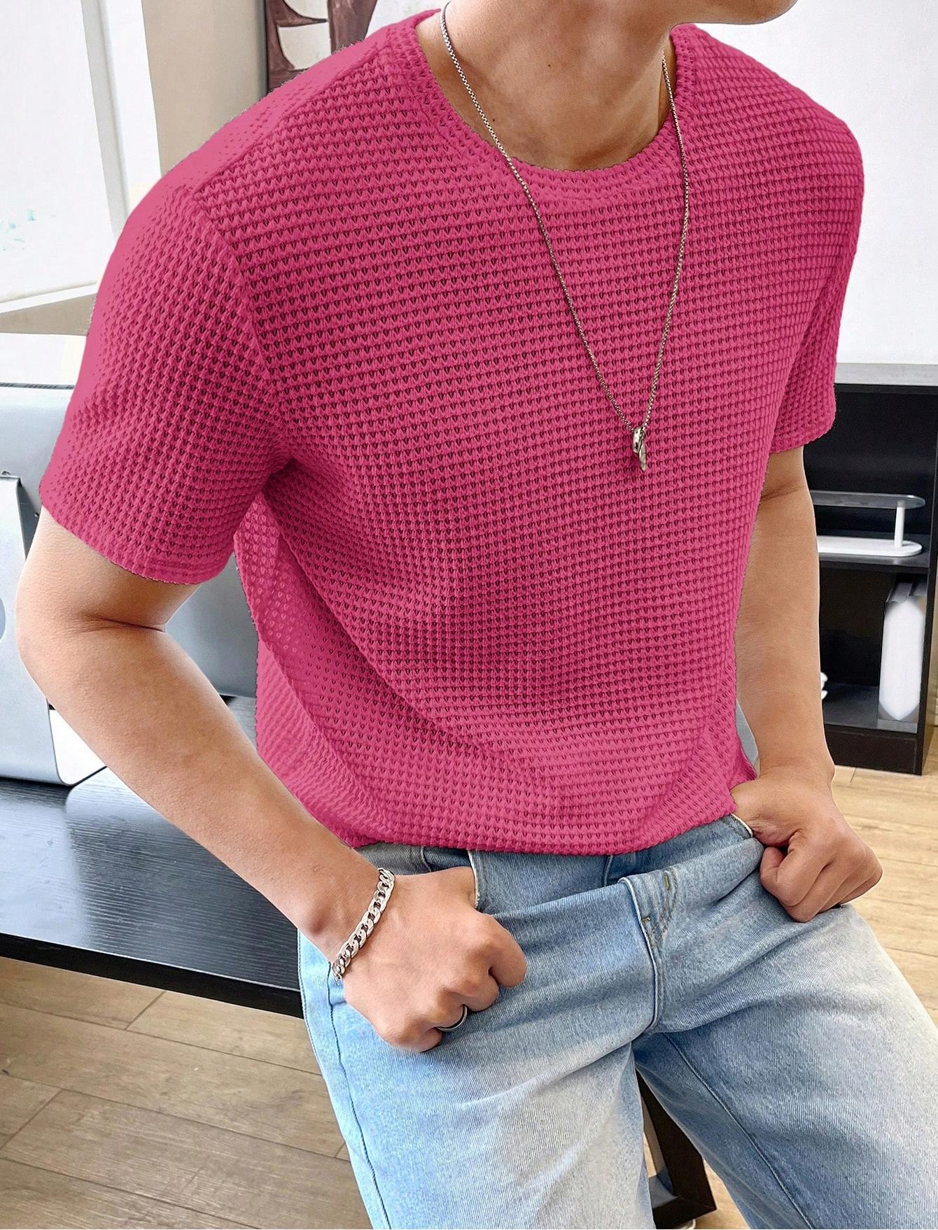Men's Casual Loose Solid Color Short Sleeve T-Shirt Rose Red T-Shirts