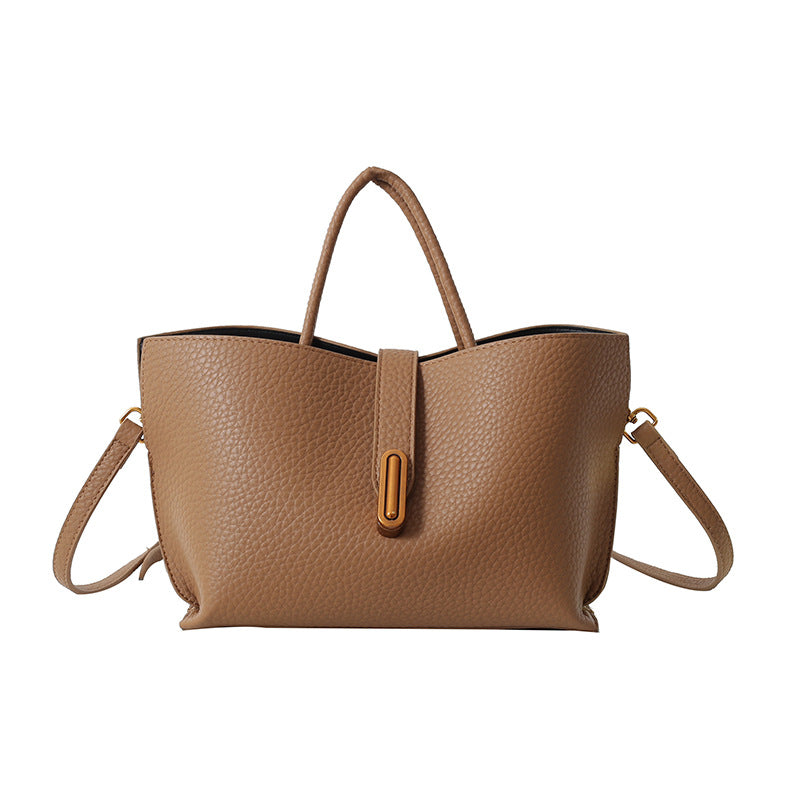 Women's Litchi Pattern Shoulder Bucket Bag Brown Bag