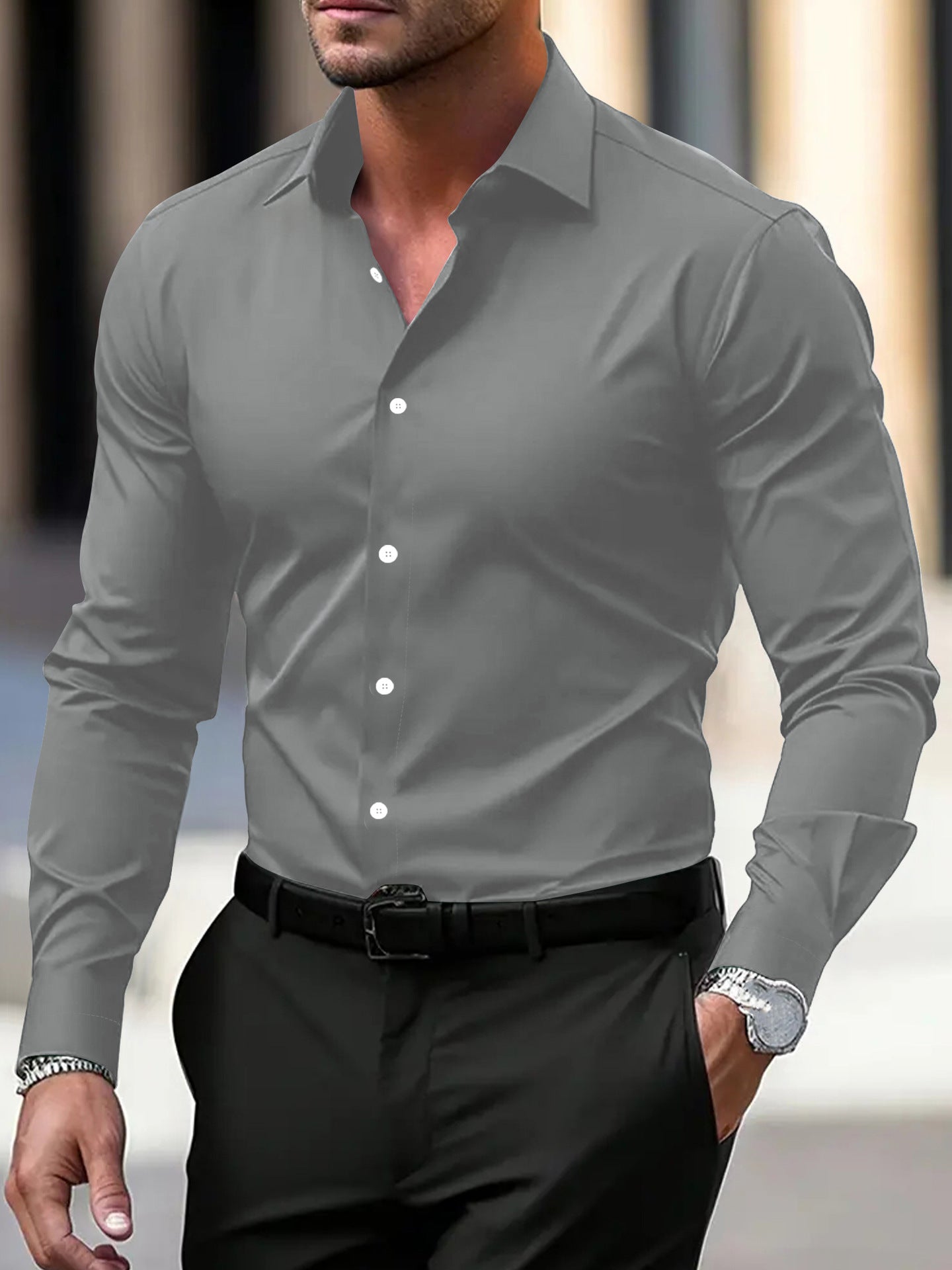 Men's Summer Solid Color Long Sleeve Lapel Shirt Shirt