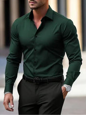 Men's Summer Solid Color Long Sleeve Lapel Shirt Dark Green Shirt