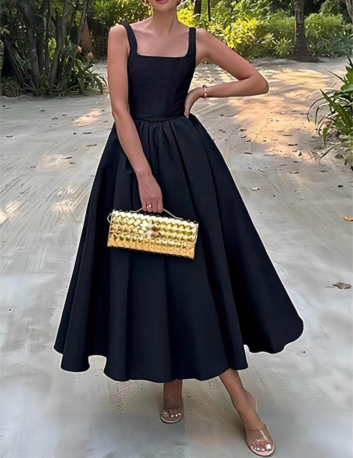 Stylish And Elegant Off-Shoulder Strapless Sleeveless Mixi Dress Black Dresses